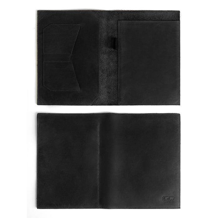 Black Leather Worx Notepad Case 5 x 8 In. interior with document and card pockets, showcasing artisan stitching and quality. Notepad Cover (5 x 8 In. Notepad Not Included) Sturdy, Durable Material Perfect for Storing Journal, Full Grain Leather, StockyardX, Small Batch Production, Hand Cut, Hand Sewn, Fire Branded, Artisan, Handmade in La Antigua Guatemala & Oaxaca Mexico.