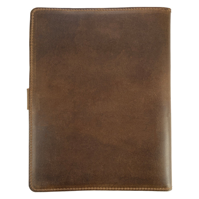 Back view of Leather Worx Notepad Cover, showcasing its sleek and professional exterior. This Notepad Cover is crafted from robust full grain leather, maintaining a classy, minimalist aesthetic. Ideal for those needing a reliable writing accessory, with the maker’s artisan touch from La Antigua Guatemala.