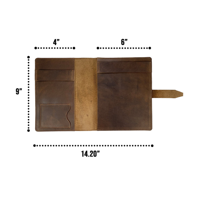 Size specifications of the Leather Worx Notepad Cover, emphasizing its practical dimensions for portability. This Notepad Cover features a handmade design from full grain leather, showcasing the artisan approach and minimalist style, suitable for professional use.