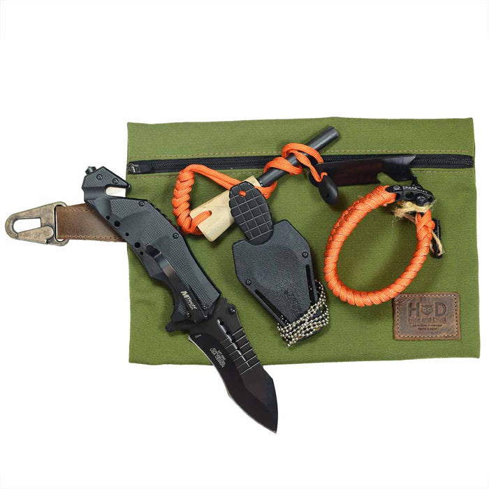 Styled outdoor gear within Hide & Drink’s Outdoor Pouch, a Water Resistant Canvas Camping Pouch designed for efficient storage. This utility bag, embedded with Full Grain Leather, serves as a reliable companion for outdoor accessories, emphasizing artisan craftsmanship with hand cut and hand sewn features sourced from La Antigua Guatemala & Oaxaca Mexico.