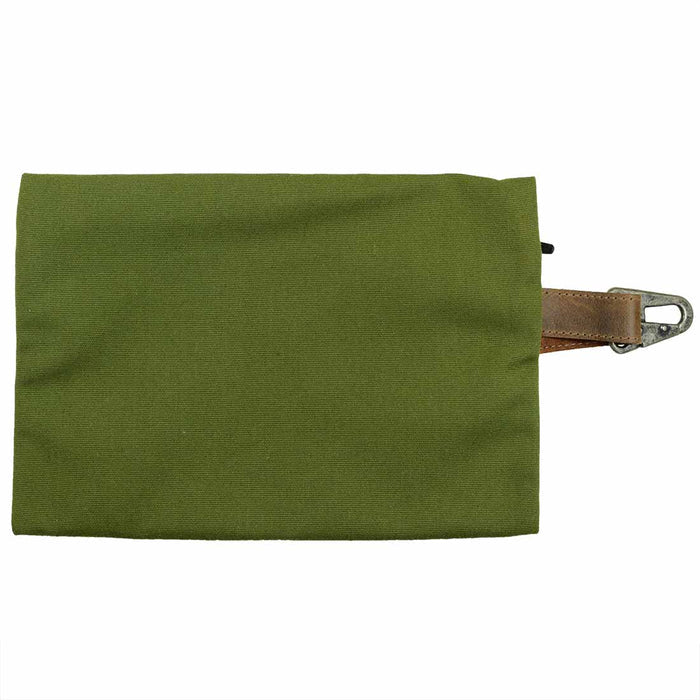 Back view of Hide & Drink’s Outdoor Pouch, a practical Water Resistant Canvas Camping Pouch demonstrating its functional design as a storage case and utility bag. Made from Full Grain Leather, this artisan-crafted item is hand cut and hand sewn, highlighting small batch production from La Antigua Guatemala & Oaxaca Mexico.