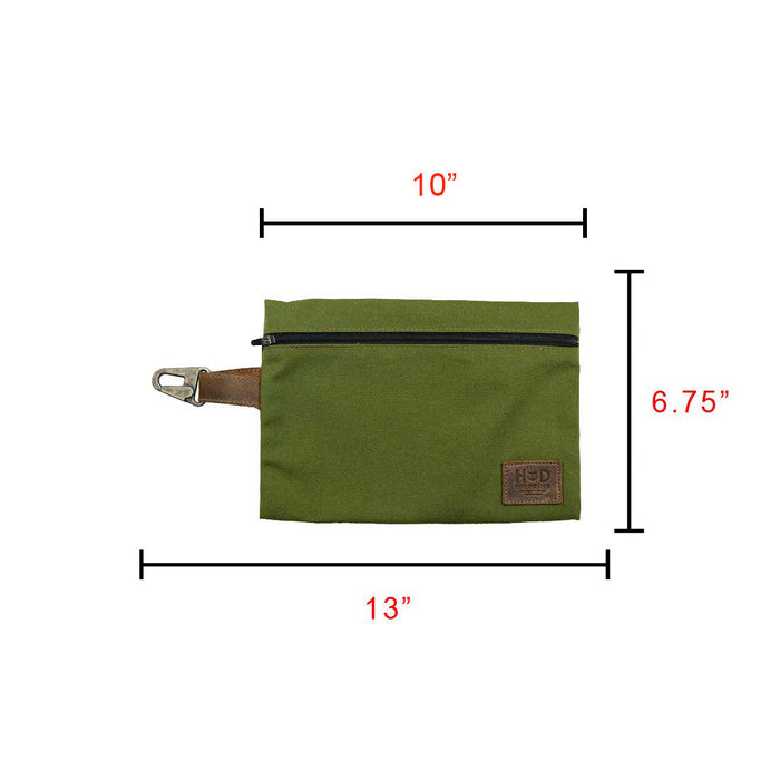 Specifications of Hide & Drink Outdoor Pouch, an olive green Water Resistant Canvas Camping Pouch measuring 13 inches in length. This utility bag, designed for outdoor accessories, features Full Grain Leather and showcases the artisan work of hand cut and hand sewn techniques from small batch production in La Antigua Guatemala & Oaxaca Mexico.