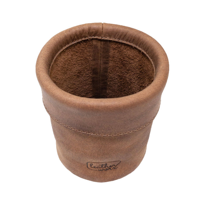 Interior view of the Leather Worx Pen Organizer, showing its practicality and premium finish. This Pen Organizer Cylinder Pencil Holder is perfect for both work and school, crafted from Full Grain Leather with artisan touches and small batch production from La Antigua Guatemala & Oaxaca Mexico.