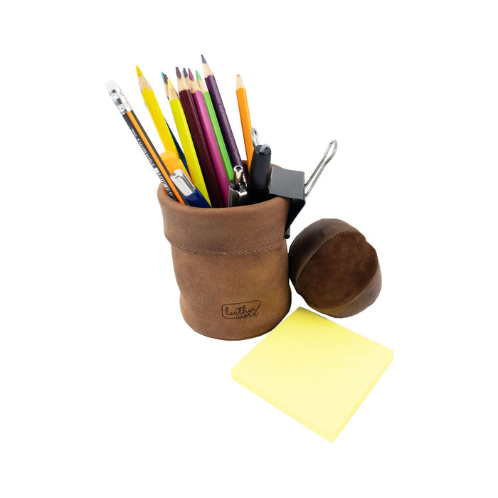 Leather Worx Pen Organizer filled with colorful pens and pencils, perfect for desk organization. This Pen Organizer Cylinder Pencil Holder embodies both style and function, made from Full Grain Leather and reflecting artisan craftsmanship from small batch production in La Antigua Guatemala & Oaxaca Mexico.