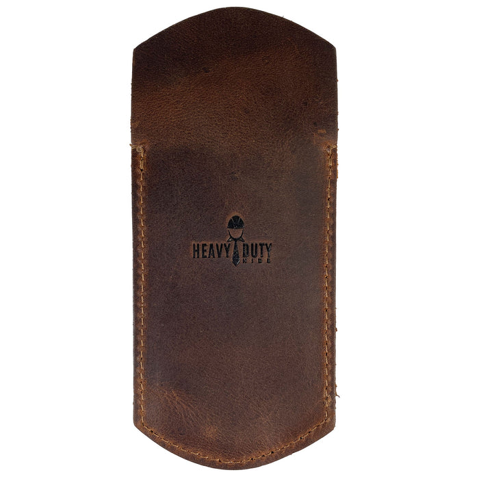 The reverse side of the Heavy Duty Hide Pen Pocket, showcasing durable full grain leather with a fire branded logo. This pen holder is great for organizing writing tools in shirt pockets, lab coats, and backpacks, combining functionality with artisan craftsmanship from La Antigua Guatemala. StockyardX offers this handmade addition to your office essentials.