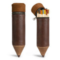 Stylish Pencil-Shaped Case by Hide & Play, perfect for organizing pens, pencils, markers, and office accessories. This zippered bag features full grain leather, showcasing artisan craftsmanship from La Antigua Guatemala. Ideal for pen storage and a unique desk accessory.