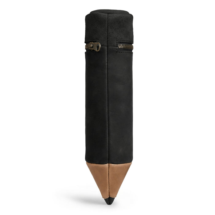 Elegant side view of the Pencil-Shaped Case from Hide & Play, showcasing its unique shape and durable full grain leather construction. This zippered bag is ideal for storing pens, pencils, markers, and office accessories, highlighting small batch production techniques.