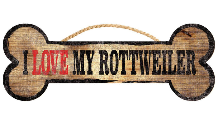 Pet Sign Wood Dog Bone Shape I Love My Rottweiler 10"x4"