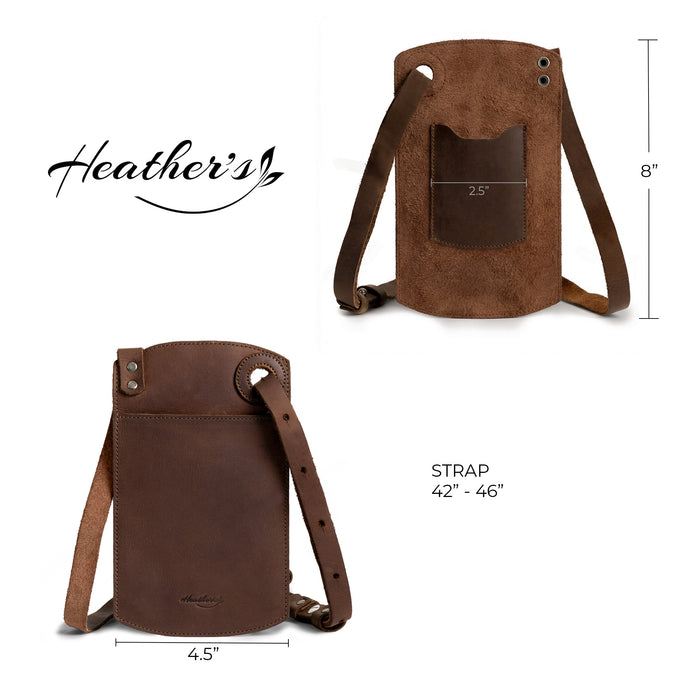 Dimensions illustration of the Phone Purse with Adjustable Strap by Heather's, detailing its size and features. This horizontal cellphone bag with an adjustable neck strap and card slot is handmade from full grain leather. It‚Äôs a perfect small batch production item lovingly crafted in La Antigua Guatemala, showcasing hand sewn and fire branded techniques.