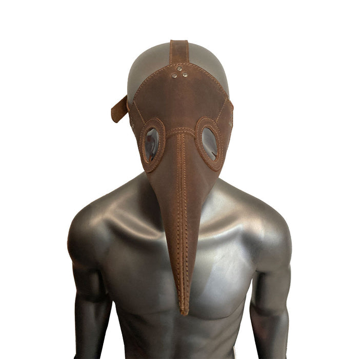 Front view of the Plague Mask for Cosplay by Hide & Play, showcasing its unique style and craftsmanship. Made from durable full grain leather, this adjustable mask is ideal for various costume events and performances, artisanal design from Guatemala.