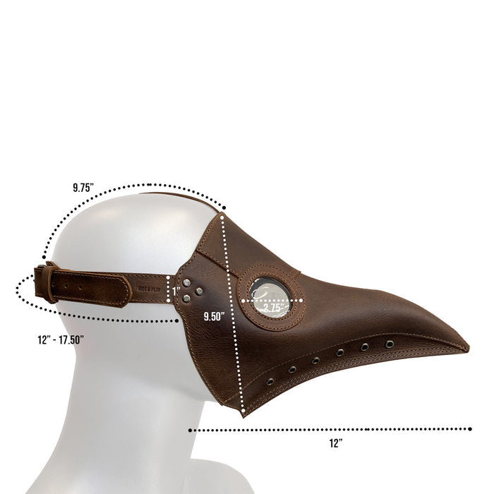 Specifications image of the Plague Mask for Cosplay by Hide & Play, detailing its dimensions and features. This adjustable mask is made from high-quality leather, perfect for cosplay, Halloween, and artistic performances, lovingly crafted in Antigua, Guatemala.