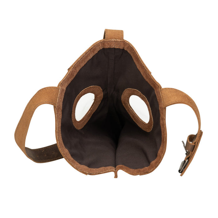 Inside view of the Plague Mask for Cosplay by Hide & Play, showing the careful construction and comfortable fit. Perfect for Halloween and cosplay, this adjustable mask is made from premium full grain leather by artisans in Guatemala.