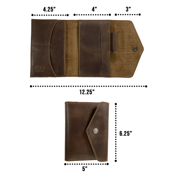 Dimensions of the Leather Worx Pocket Notebook Cover for Moleskine (3.5 x 5.5 in.) illustrated with measurements, emphasizing its compact design. Handcrafted from Full Grain Leather, it's perfect for writers on the go.