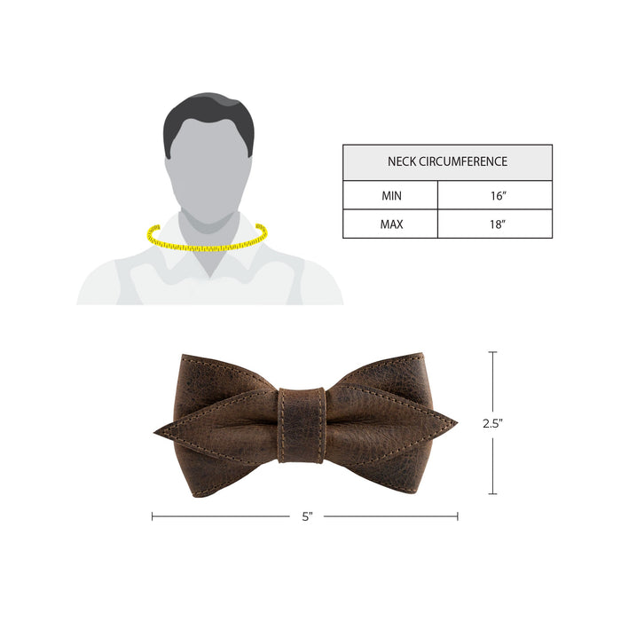 Infographic showcasing the dimensions and fit range of the Pointed Bow Tie for Groomsmen by Hide & Groom, ideal for formal wear for men. With an adjustable feature crafted from full grain leather, this pre-tied bow tie is a perfect blend of tradition and artisan quality from La Antigua Guatemala & Oaxaca Mexico.