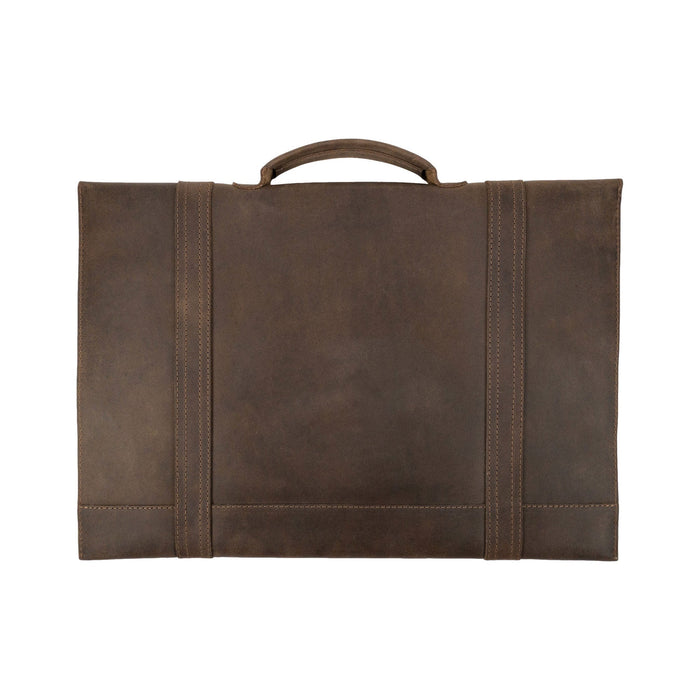 Back view of the Hide & Drink Portable Laptop Case, demonstrating its robust Full Grain Leather build, emphasizing handmade quality with a soft inner lining and artisan touch from La Antigua Guatemala & Oaxaca Mexico.