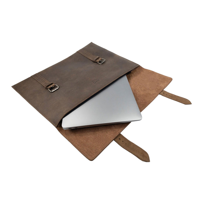 Open view of the Hide & Drink Portable Laptop Case with a laptop inside, showcasing the soft inner lining and full grain leather construction, perfect for safe transport, handmade with care and love.