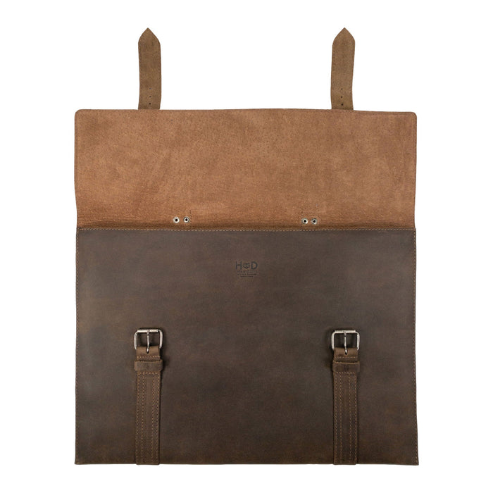 Interior of the Hide & Drink Portable Laptop Case showing quality leather finish and functional design, crafted in small batches with fine hand stitching and a focus on durable, artisanal quality.