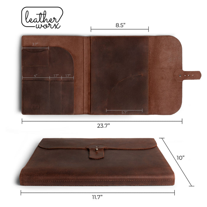 Dimensions of the Leather Worx Portfolio Moleskine Cover (8.5 x 11 in.) detailed, showcasing its functional design and stylish look. This Full Grain Leather art piece doubles as a Moleskine Cover (8.5 x 11 in.) Executive Portfolio for Business or Personal Planner for Men & Women, expertly handmade in La Antigua Guatemala & Oaxaca Mexico.