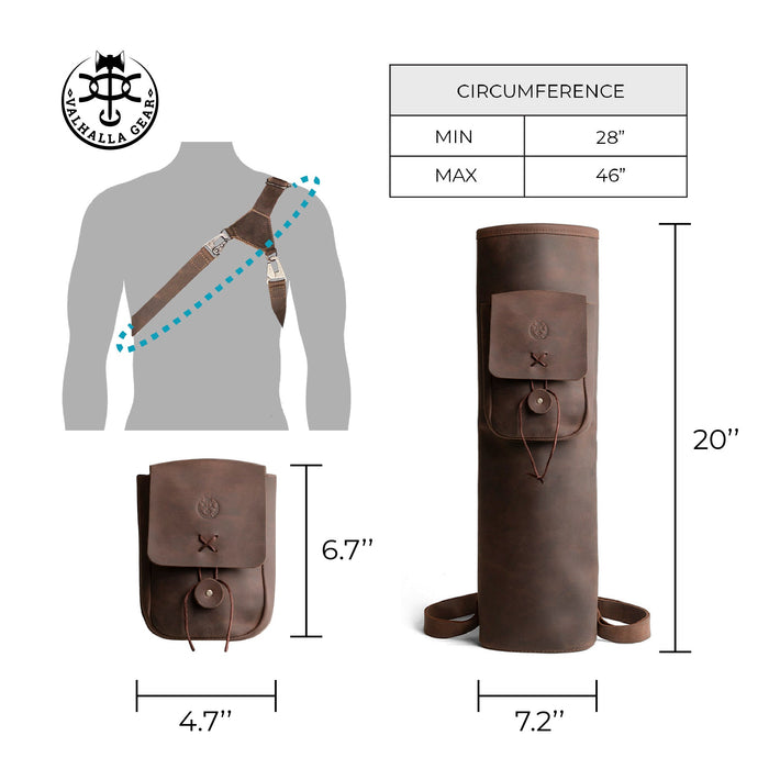 Detailed image of the Premium Back Quiver by Valhalla Gear, displaying measurements. This Rectangular Back Quiver with Adjustable Straps is a perfect Handmade Arrow Quiver Holder for Arrows, addressing the needs of Archery Sports and Bow Hunting enthusiasts. Constructed from Full Grain Leather, it embodies the art of Small Batch Production, Hand Cut, and Hand Sewn craftsmanship.