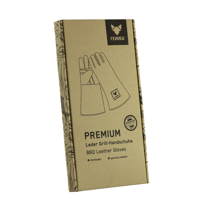 Produktverpackung bedruckter Karton mit Abbildung der Leder Grill-Handschuhe und FENNEK-Logo.