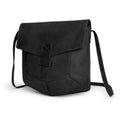 Back view of the black Prisma Shoulder Bag by Hide & Drink, illustrating its clean lines and craftsmanship. This vintage purse serves as a messenger and crossbody bag, made from durable full grain leather that is artisan crafted through hand cut and hand sewn methods in La Antigua Guatemala & Oaxaca Mexico.