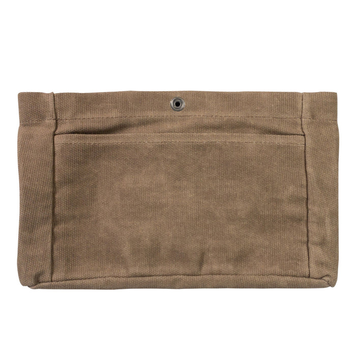 The back of Heather's Purse Organizer Insert, featuring premium Waxed Canvas. This handmade travel accessory is perfect for keeping your essentials organized in handbags, tote bags, and facilitates easy cellphone storage, reflecting small batch production practices.