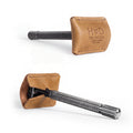 Razor Head Cover by Hide & Drink in a classic brown full grain leather version, designed to protect double edge safety razors. This elegant protective sheath acts as a shaving travel cover, showcasing the artisan craftsmanship, small batch production, hand cut, hand sewn, and fire branded features, handmade in La Antigua Guatemala & Oaxaca Mexico.