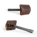 Side view of Hide & Drink Razor Head Cover in full grain leather, designed to securely hold a double edge safety razor. This artisan shaving travel cover combines functionality and elegance, made in small batches in La Antigua Guatemala & Oaxaca Mexico.