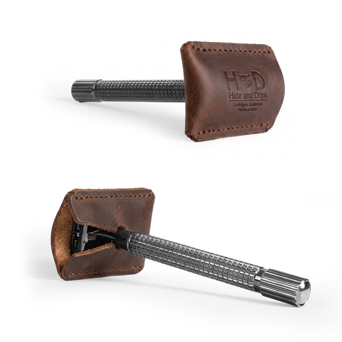 Side view of Hide & Drink Razor Head Cover in full grain leather, designed to securely hold a double edge safety razor. This artisan shaving travel cover combines functionality and elegance, made in small batches in La Antigua Guatemala & Oaxaca Mexico.