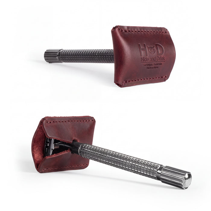 The back view of the Razor Head Cover by Hide & Drink, featuring a fire branded logo. This artisan accessory is a perfect fit for your double edge safety razor, combining style and functionality in handmade, full grain leather.