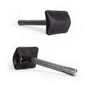 Close-up image of the Hide & Drink Razor Head Cover in black leather, showcasing its durable design as a protective sheath for the Double Edge Safety Razor, handcrafted in La Antigua Guatemala.