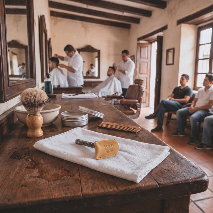 Hide & Drink Razor Head Cover displayed alongside a double edge safety razor, crafted from full grain leather. This handmade protective sheath is perfect for travel, highlighting the artisan quality and small batch production from La Antigua Guatemala and Oaxaca Mexico.
