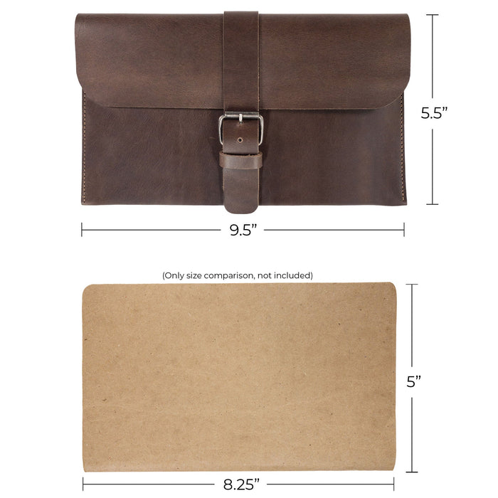 La Antigua's Rectangular Case for Notebook, elegantly displayed with a tag showcasing its artisan quality. This protective cover for an 8.25 x 5 in. notebook functions as a classic sleeve travel accessory, made from high-end full grain leather. Hand cut and hand sewn in small batches, it reflects the craftsmanship of La Antigua Guatemala and Oaxaca Mexico.
