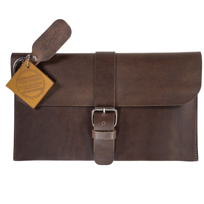 Front view of La Antigua's Rectangular Case for Notebook, a stylish protective cover designed for 8.25 x 5 in. notebooks. This classic sleeve, made from rich full grain leather, offers a blend of practicality and artisan charm. Hand cut, hand sewn, and fire branded, it‚Äôs a testament to small batch production from La Antigua Guatemala and Oaxaca Mexico.