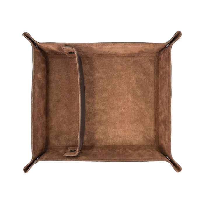 A close-up of the stylish Rectangular Catchall with Removable Compartment by Hide & Drink, displaying its durable design and quality hardware. Made from Full Grain Leather & Sheepskin, this desktop storage unit represents Small Batch Production, Hand Cut, Hand Sewn, and Fire Branded techniques, highlighting artisan craftsmanship from La Antigua Guatemala & Oaxaca Mexico.