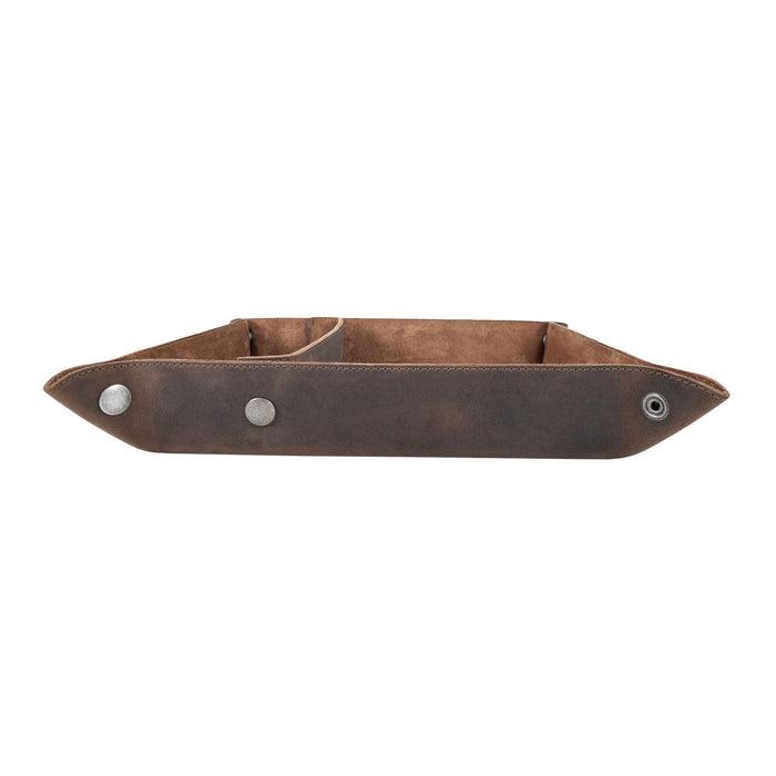 A side view of the Rectangular Catchall with Removable Compartment by Hide & Drink, emphasizing its functional design and quality materials. This desktop storage solution, made from Full Grain Leather & Sheepskin, is a testament to Small Batch Production, Hand Cut, Hand Sewn, and Fire Branded craftsmanship, lovingly handmade in La Antigua Guatemala & Oaxaca Mexico.