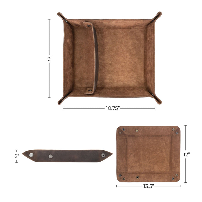 An image showcasing the Rectangular Catchall with Removable Compartment by Hide & Drink, accompanied by its tag highlighting the artisan details. This desktop storage unit is crafted from Full Grain Leather & Sheepskin, reflecting the precision of Small Batch Production, Hand Cut, Hand Sewn, and Fire Branded techniques, proudly made in La Antigua Guatemala & Oaxaca Mexico.
