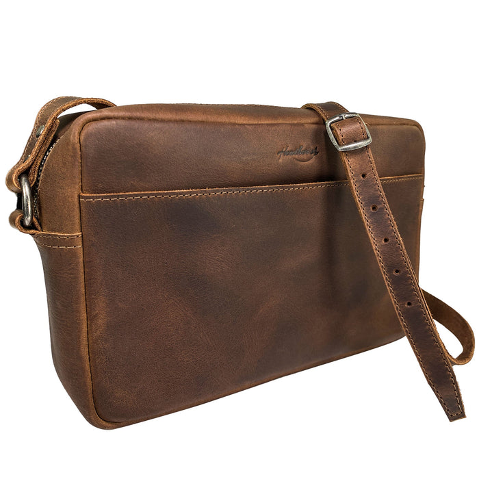 Angled view of Heather's Rectangular Crossbody Bag, showcasing craftsmanship and practicality. This stylish shoulder bag is perfect for everyday use or travel, made from premium full grain leather. Squared Crossbody Bag - Stylish Shoulder Bag for Everyday Use or Travel, Full Grain Leather, StockyardX, Small Batch Production, Hand Cut, Hand Sewn, Fire Branded, Artisan, Handmade in La Antigua Guatemala & Oaxaca Mexico.