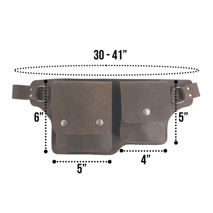 A detailed image showcasing the measurements of the Hide & Drink Rectangular Waist Bag, tailored for a perfect fit. This innovative Waist Bag with Adjustable Belt is crafted from durable Full Grain Leather, making it an invaluable outdoor accessory and tool holder for camping, featuring artisan craftsmanship from small batch production handcrafted in La Antigua Guatemala & Oaxaca Mexico.