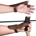 A close-up view of the Reinforced Archery Shooting Glove in action, showcasing how it serves as a Hand Guard while holding a recurve bow. This Full Grain Leather glove offers Wrist and Finger Protection, ideal for Shooting Targeting and Cosplay, handcrafted through Small Batch Production methods in La Antigua Guatemala.