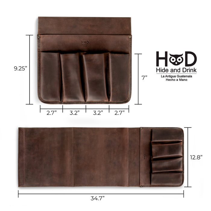 Detailed view of Hide & Drink‚Äôs Remote Control Holder with measurements displayed, highlighting its full grain leather construction and versatility as a couch potato essential. This artisan-made piece is designed for organizing, perfect as a remote control and magazine holder.