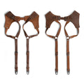 Front view of Renaissance Suspenders by Hide & Drink, an artisan, handmade in La Antigua Guatemala and Oaxaca Mexico. Perfect for groomsmen, these back support harness for men are crafted from full grain leather, showcasing small batch production techniques.