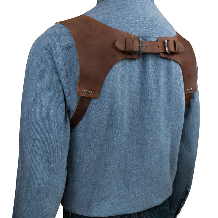 Back view of Renaissance Suspenders by Hide & Drink, showcasing the intricate leatherwork. This back support harness for men is perfect for groomsmen, combining style and function with small batch production, hand cut, and hand sewn craftsmanship.