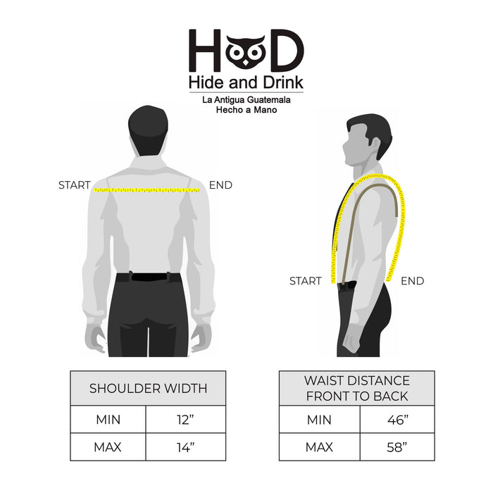 Measurement guide for Renaissance Suspenders by Hide & Drink. Ideal for groomsmen and best men, these full grain leather suspenders provide back support harness features. Handmade in La Antigua Guatemala and Oaxaca Mexico, each piece is artisan crafted.