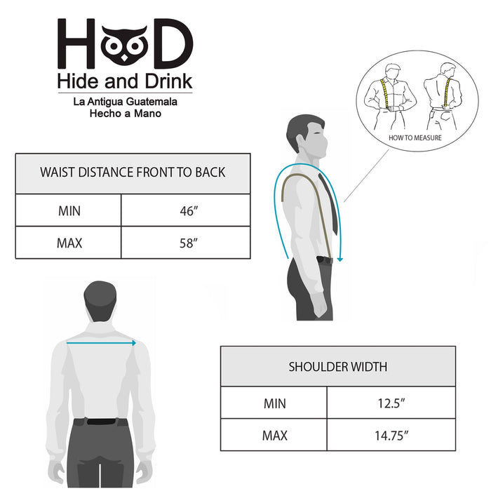 Measurement guide for dusty blue Renaissance Suspenders by Hide & Drink, crucial for fitting. These back support harness for men are artisan made, perfect for groomsmen attire.