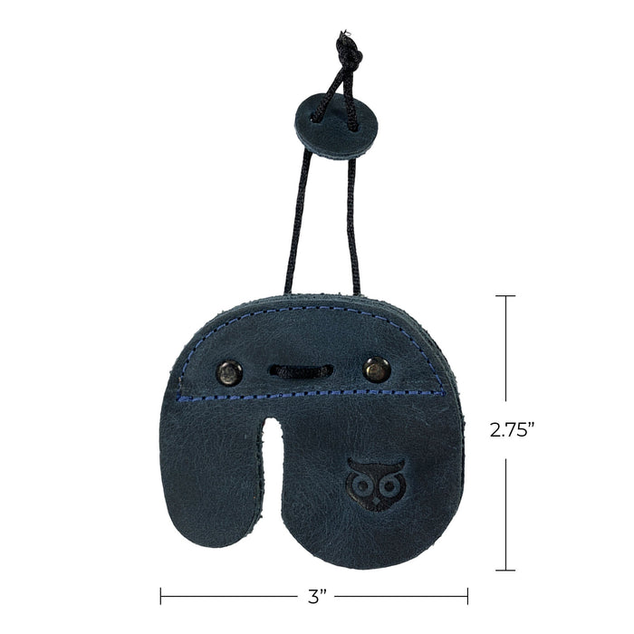 The Right Handed Archery Finger Protector by Hide & Drink is shown with clear dimensions, emphasizing its role as a protect guard for recurve bows. Made from full grain leather, this finger protector is perfect for archery enthusiasts looking for quality gear for shooting practice. Handmade in La Antigua Guatemala, this artisan piece features fire-branded designs, highlighting its small batch production.