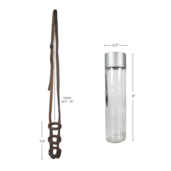 A comparison of the dimensions of the Hide & Drink Riveted Bottle Carrier (Bottle Included), highlighting its size and design. This full grain leather travel accessory is made through small batch production by skilled artisans, ensuring quality with every hand cut, hand sewn, and fire branded piece made in La Antigua Guatemala & Oaxaca Mexico.