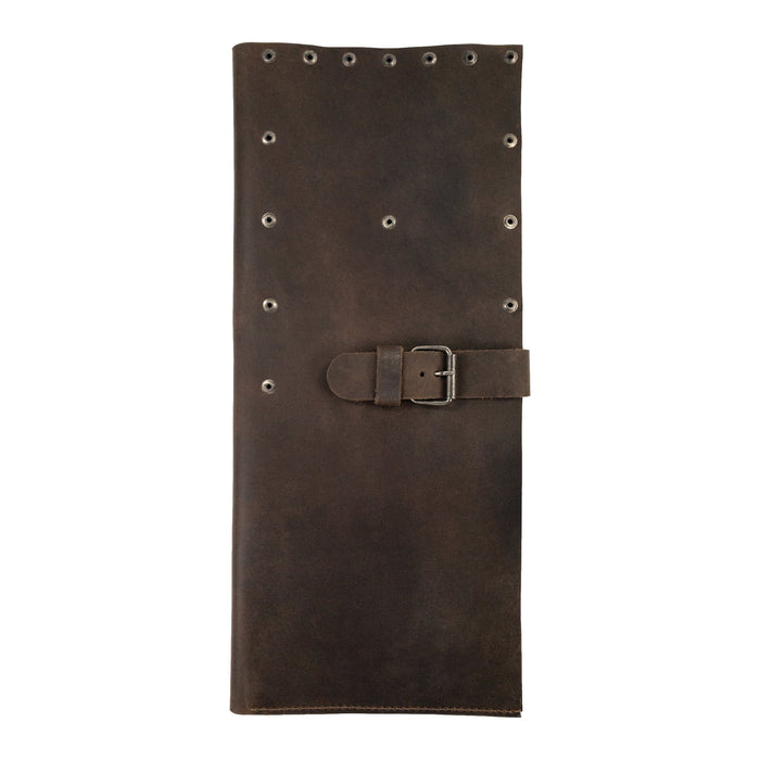 Riveted Chef Knife Case by Cast Leather Co., displayed in a vertically oriented view, emphasizing its sturdy full grain leather build. Ideal for culinary enthusiasts, this handmade artisan product integrates stockyardX small batch production, expertly made in La Antigua Guatemala & Oaxaca Mexico.