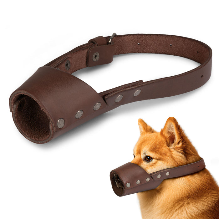 Riveted Dog Muzzle by Hide & Drink featuring a secure design for dogs, ideal for preventing biting and chewing. This handmade full grain leather dog muzzle guard is perfect for breeds like Pitbulls and German Shepherds, available in small, medium, and large sizes. Artisan-crafted in La Antigua Guatemala & Oaxaca Mexico.