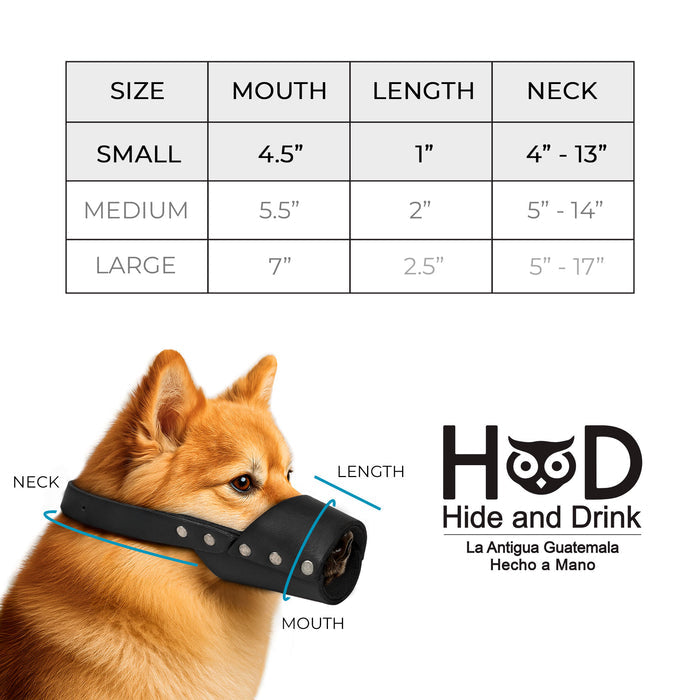 Detail of the Riveted Dog Muzzle by Hide & Drink displaying its secure fit and artisan craftsmanship. Ideal for preventing biting and chewing, this handmade full grain leather muzzle guard suits breeds like Pitbulls and German Shepherds, crafted in La Antigua Guatemala & Oaxaca Mexico.